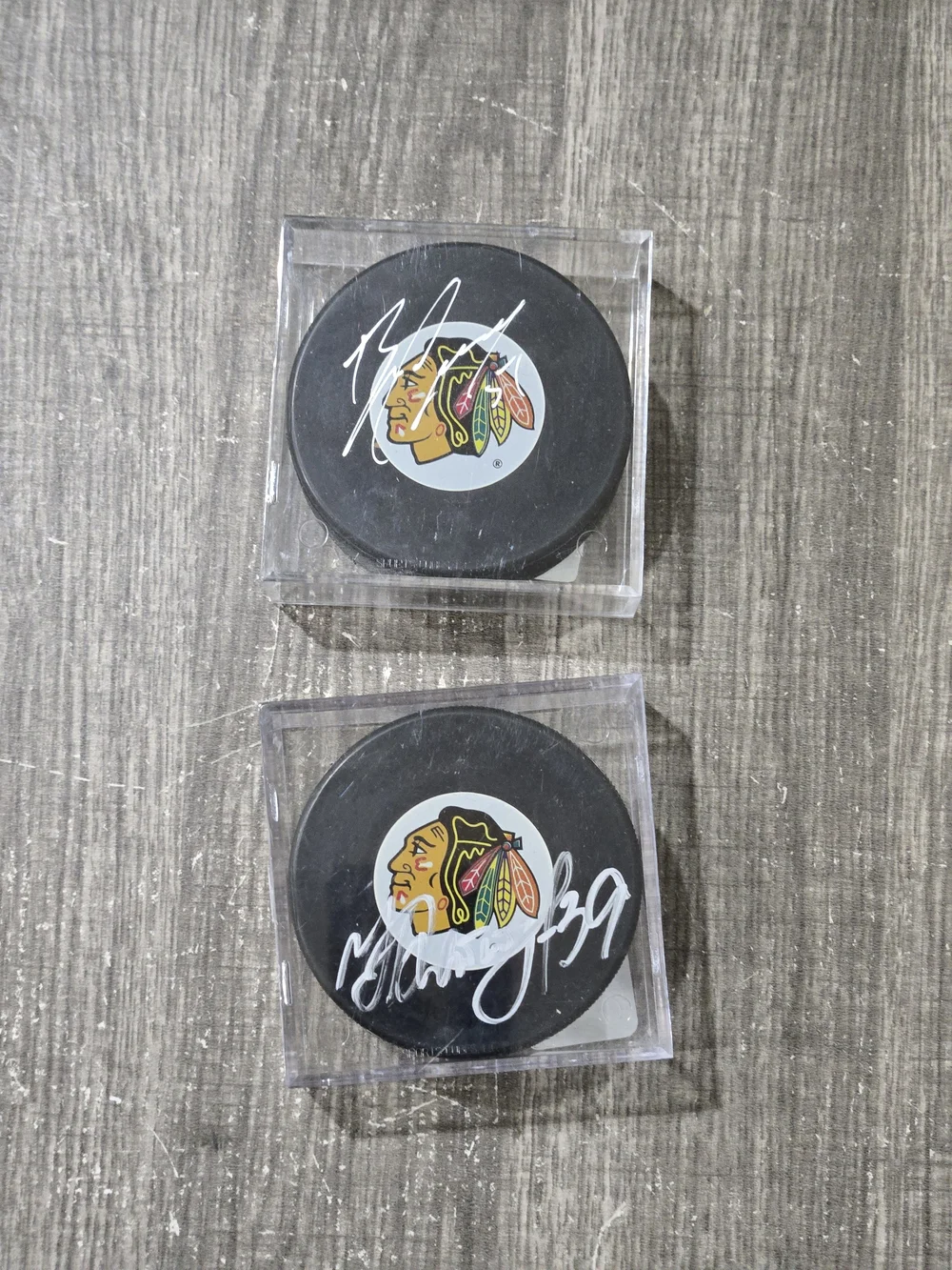 Black Chicago Blackhawks Autographed Hockey Pucks (Set of 2) Brian Campbell